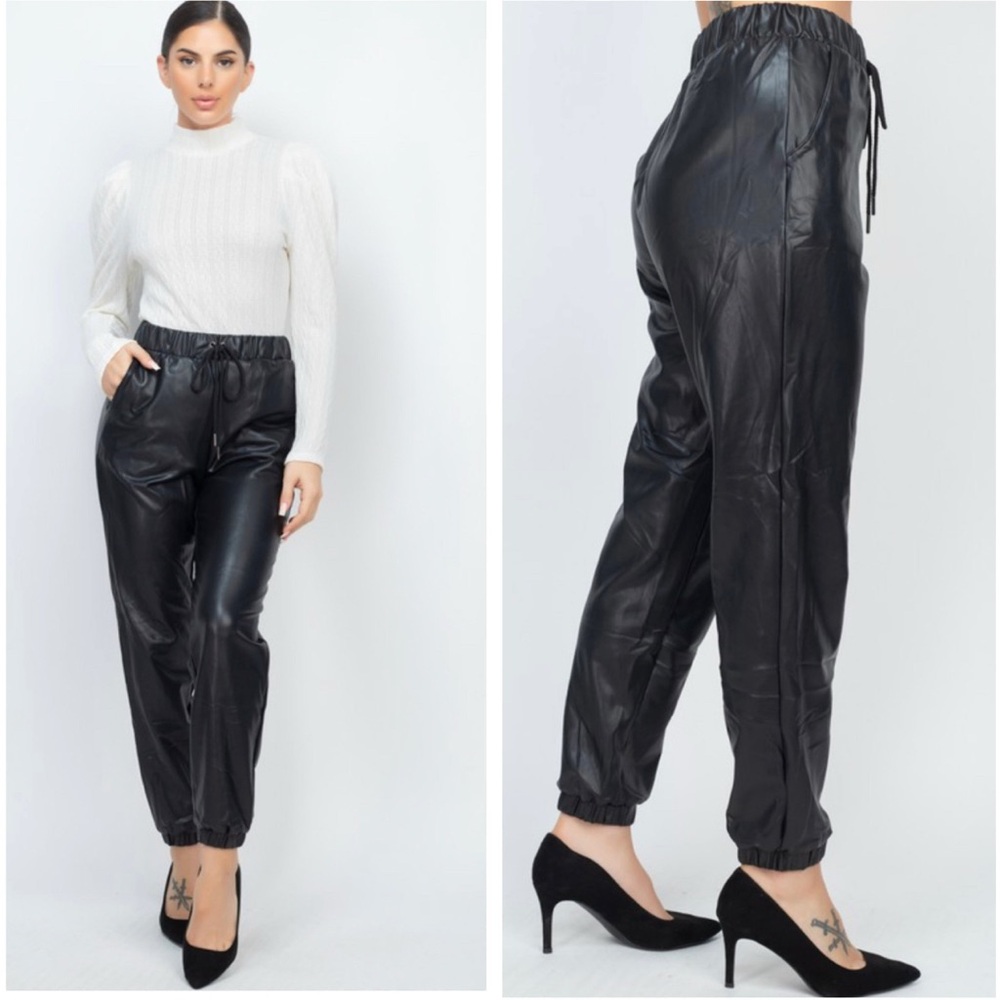 High waisted faux leather vegan jogger pants